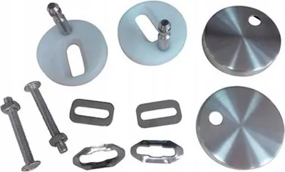 A collection of toilet seat hardware components, including hinges, bolts, and mounting plates, arranged on a white background.