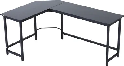 A black L-shaped computer desk with a metal frame, shown from a slightly elevated angle against a white background.