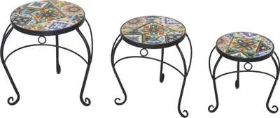 Produktbild von 3er Set Blumenhocker aus Metall mit Mosaik-Keramikfliesen Pflanzenhocker Blumenständer Pflanzenständer