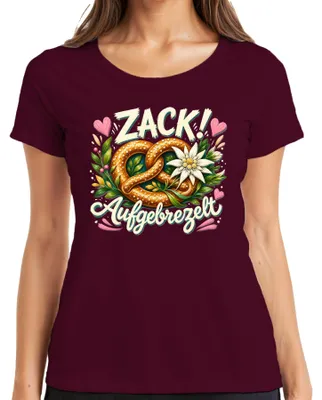 Obrázek produktu pro Zack, tričko s motivem "Aufgebrezelt Brezel", "Edelweiss", "Oktoberfest", "Lederhose", "Dirndl", dámské, barva: vínová, velikost: 3XL