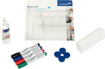 Image de Kit de démarrage pour tableau blanc Legamaster BASIC, 4 marqueurs pour tableau, 1 essuie-tableau, 1 nettoyant pour tableau 125 ml, 4 aimants Ø 30 mm