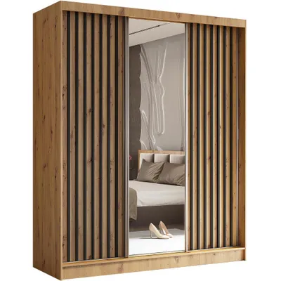 Image de BEAUTYSOFA Armoire à lattes HELIX 180 cm - armoire de style moderne avec portes coulissantes et miroir (Artisan + Black)