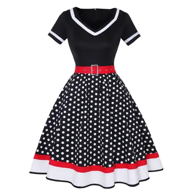 Produktbild von ASKSA Rockabilly Kleider Damen 50er Jahre Vintage Kurzarm V-Ausschnitt Polka Dot Swing Coctailkleid Hochzeit Festlich Knielang Kleid (Schwarz,3XL)