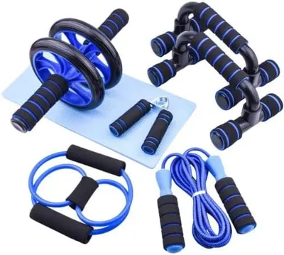 Produktbild von 7-in-1-Fitness-Trainingsset mit Ab-Roller, Push-up-Barren und Springseil – Fitnessset – Bauchmuskeltrainer
