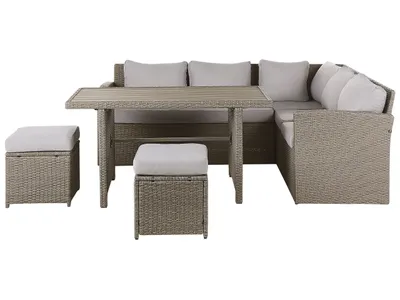 Produktbild von BELIANI Gartenmöbel Set Polyrattan Taupe Textil Hellgrau inkl. Auflagen 5-Sitzer Lounge Set Tisch Zwei Hocker Terrasse Outdoor Garten Modern