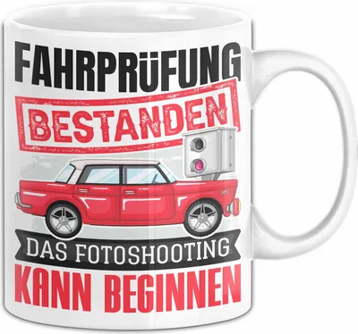 Produktbild von Führerschein Bestanden Geschenk Tasse Bestandener Führerschein Das Fotoshooting Kann Beginnen Fahrschule Kaffee-Becher (Weiß)