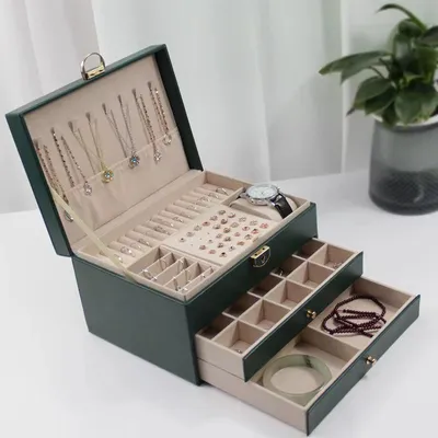 Produktbild von MEVYRA Schmuckkästchen mit 3 Ebenen, Schmuck-Organizer aus Kunstleder mit Schloss 23x17x13cm, Grün