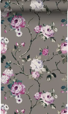 Zdjęcie produktu dla Origin Wallcoverings Tapeta kwiaty taupeIliliowo fioletowym 53 cm x 10.05 m