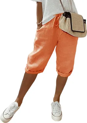 Produktbild von ASKSA Damen Sommer Leinenhose Luftig Hohe Taille Caprihose Locker Elastisch Strandhose Kurzehose, Orange, Groesse: M