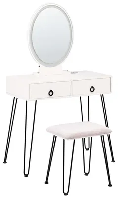 Produktbild von BELIANI Schminktisch Weiß und Schwarz MDF-Platte mit Metallbeinen Ovalem LED-Spiegel USB-Port 4 Schubladen Hocker Glamour für Schlafzimmer Jugendzimmer