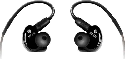 A pair of black in-ear monitor headphones with ear hooks, shown against a white background.