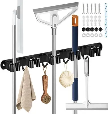 Produktbild von Unyqoos® platzsparende Wand-Besenhalterung mit 5 Halterungen & 4 Haken, Edelstahl/Silikon, für Griffstärken 1,5–3,5 cm, selbstklebend/bohrbar