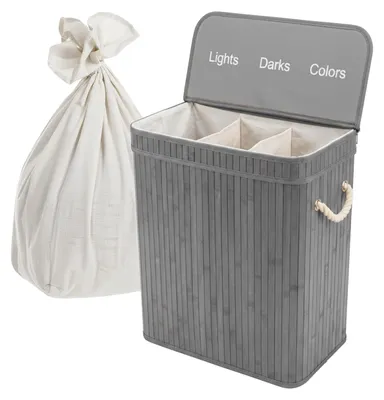 Produktbild von Relaxdays Wäschekorb mit Deckel, 3 Fächer, Bambus, 105 l, faltbar, HxBxT: 63 x 52 x 32 cm, Wäsche Sortiersystem, grau
