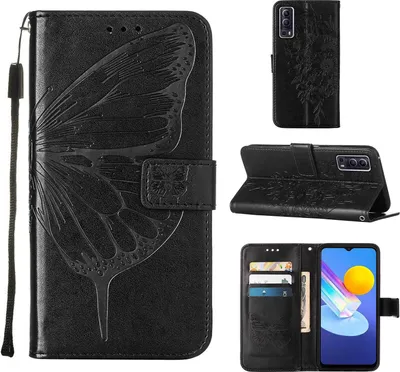 Produktbild von VIVO Y72 5G Hülle, Schmetterling Prägung Flip Leder Kartenfächer Schutzhülle Ledertasche mit Ständer für VIVO Y72 5G / Y52 5G Schwarz