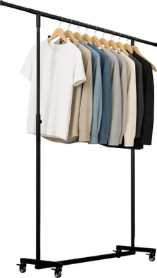 A black metal garment rack with various shirts and jackets hanging on it, set against a white background.