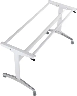 A white folding table base with silver legs and wheels, presented in a studio setting against a white background.