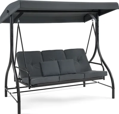 Produktbild von MCombo Hollywoodschaukel Dunkelgrau, 187x118x175 cm, 3-Sitzer, Liegefunktion, wetterfest, verstellbares Dach, pulverbeschichtete Stahlrohre, PVC-Teslin-Stoff, Polyestergewebe, für Garten, Balkon, Terrasse, bis 330 kg