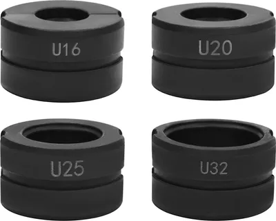 Obrázok produktu pre Lisovacie čeľuste - Sada 4 kusov s U-profilom - Pre PEX, PB, hliníkové kompozitné rúrky - Veľkosti 16/20/25/32 mm - Oceľ Cr45 - Kalená, čierna leštená - Čierna