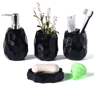 Immagine prodotto di Set di accessori da bagno, 4 pezzi: dispenser per lozione, portasapone, porta spazzolini, bicchiere per dentifricio, tutti in Vetroceramica nera