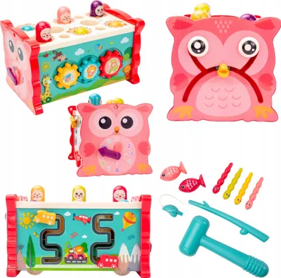 A collage of children's educational toys, including a xylophone-style pounding toy, an owl-shaped clock toy, and a maze toy, along with fishing accessories.
