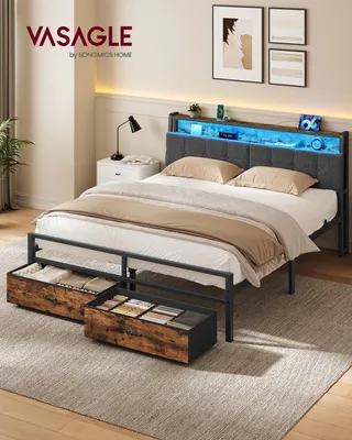 Produktbild von VASAGLE Bettgestell 160 x 200 cm, mit 2 Schubladen, LED-Beleuchtung, Schlafzimmer, Kopfteil, schwarz-braun