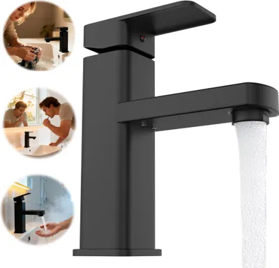 A black faucet with water running, surrounded by circular insets showing people using faucets in various bathroom scenarios.