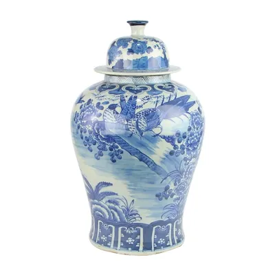 Produktbild von Fine Asianliving Chinesische Deckelvase Blau Weiß Porzellan handbemalte Vögel D30xH50cm Dekorative Vase Blumenvase Orientalische Keramik Vase Dekoration Vase Moderne Tischdekoration Vase