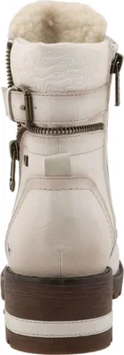 The back view of a white boot with fur lining and buckle details.