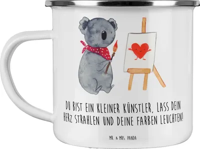 Produktbild von Mr. & Mrs. Panda Emaille Tasse Die Freude an der Kreativität entdecken - Weiß - Geschenk, kleiner Künstler, Vertrauem, Mut, Entspannung, Trost, liebevolle Details, Pott