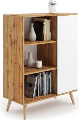 Produktbild von Regal Schrank Fondi in Eiche Craft Gold und Weiß – Skandinavisches Design | Laminatplatte 18 mm, 6 Regalböden, 1 Tür, Holzbeine 15 cm, Stabil und Hochwertig