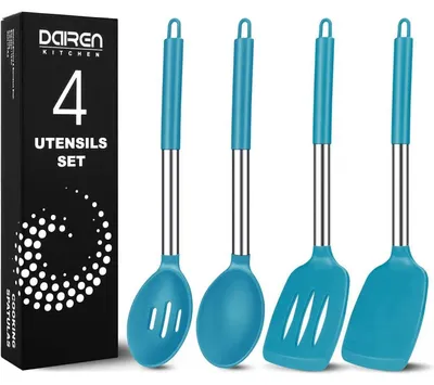 Produktbild von Silikon Küchenutensilien Set 4-teilig mit Edelstahlgriff, blau, hitzebeständig