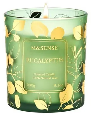 Productafbeelding van Geurkaars Eucalyptus in glas, 230g. Soja waskaars, brandduur 42 uur. Geschikt voor aromatherapie, ideaal als cadeau