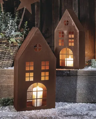 Produktbild von 2x Windlicht "Haus" aus Metall mit Echt Rost Finish, Kerzenhalter 45 + 55 cm hoch, Dekohaus, Weihnachtsdeko, Gartendeko für Draußen