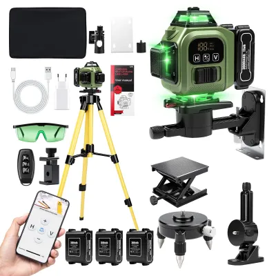 Grüner 16-Linien-Laser, selbstnivellierend, 360° x 4, IP54, 3 Akkus, Stativ