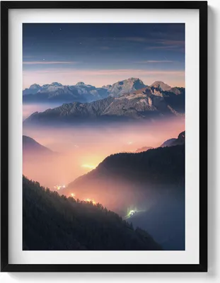 Produktbild von Berggipfel Landschaft– Wandbild mit Rahmen – Gerahmtes Bild  – Wanddekoration – 60x80 cm –  Schwarz Rahmen