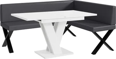 Produktbild von MEBLINI Eckbank für Esszimmer mit ausziehbarem Tisch  - Küchenbank - Essecke - Sitzecke Küche - ERIC - X-Beine 128x168x87cm Rechts - Grau Kunstleder/M Weiß Matt