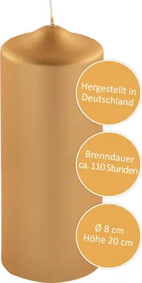 Produktbild von Fink CANDLE, metallic Stumpenkerze, Paraffin, goldfarben, L. 8 cm, B. 8 cm, H. 20 cm, D. 8 cm 123247