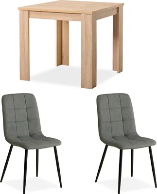 Image de Table 80x80 cm en Bois Chêne Naturelle Group Salle à Manger 2 Chaises Lin Gris Table à Manger