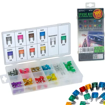 Produktbild von MNC – Premium-Sicherungen – Kfz-Sicherungen mit Entferner-Werkzeug – 100 Stück – 6 V/12 V/24 V – 3, 5, 7,5, 10, 15, 20, 25, 30 A Ampere – 11 x 9 mm