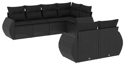 Image de vidaXL Ensemble de salon de jardin 7 pièces avec coussins noir poly rotin