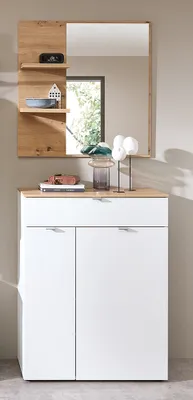 Produktbild von Flurkommode und Garderobenspiegel weiß matt mit Eiche BLISS-36
