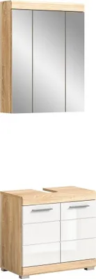 Immagine prodotto di Set da bagno LEWOTO – Mobile sottolavabo e armadietto con specchio – Bianco e rovere
