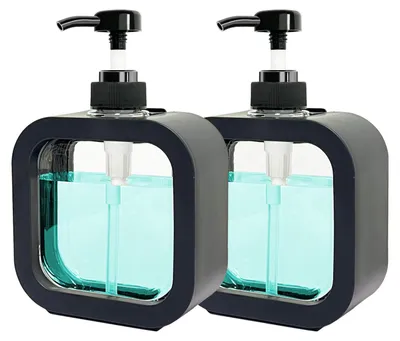 Produktbild von Seifenspender, Duschgelspender (2 Stück), schwarzer 500-ml-Pumpspender für die Dusche, transparente Kunststoff-Shampooflaschen, Seifen-, Duschgel- und Geschirrspülmittelspender für die Küche (schwarz)