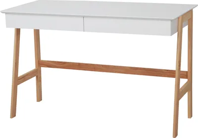 Produktbild von Möbilia Schreibtisch | 2 Schubladen | Tischplatte MDF weiß matt | Gestell Holz natur | B 120 x T 60 x H 77 cm | 28020025 | Serie SCHREIBTISCH