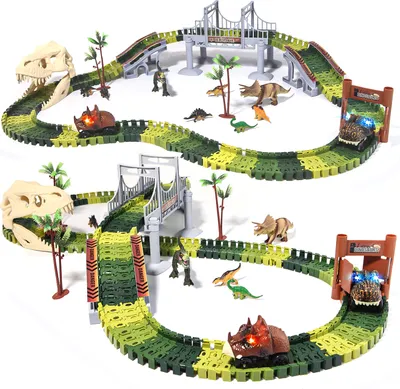 Produktbild von 289 Stück Rennstrecke Dinosaurier Spielzeuge Flexible Zugbahnen mit 8 Dinosaurier-Figuren,2 elektrische Rennauto-Fahrzeuge Spielset mit Lichtern Dinosaurier-Weltrennens für Kleinkinder,Kinder,Jungen