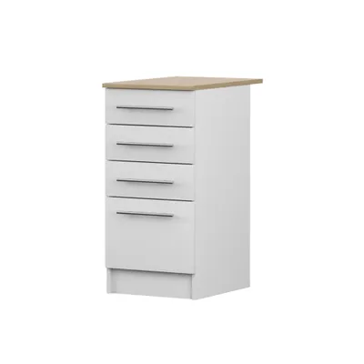 Produktbild von Unterschrank INEZ IV, Küche, Küchenschrank 40 cm Weiß/Steineiche mit vier Schubladen, silberne Metallgriffe