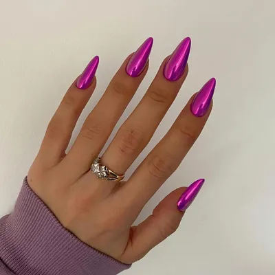 Image de Ongles artificiels en gel, forme amande, couleur violet métallique, 24 pièces