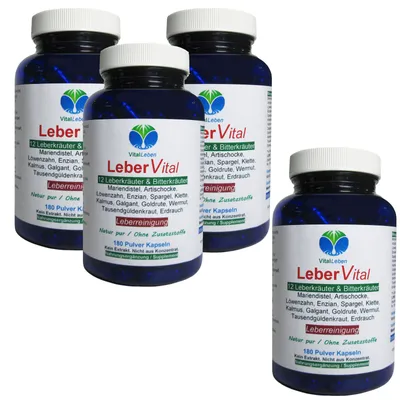 Produktbild von Leber Vital 12 Kräuter & Bitterstoffe 720 (4x180) Pulver Kapseln NATUR pur OHNE Zusatzstoffe