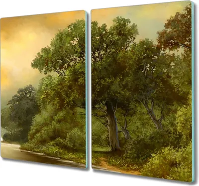 Produktbild von Coloray Herdabdeckplatte 2x30x52 cm Schneidebrett Kochplattenabdeckung Küchenbrett Hackbrett - Wald Fluss Himmel