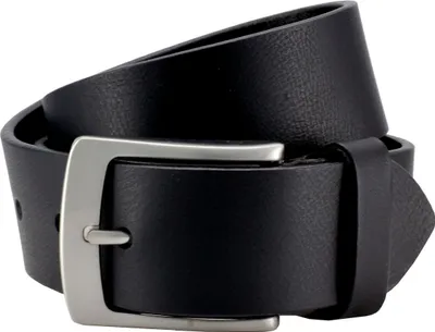 A black leather belt with a silver buckle is shown against a white background.